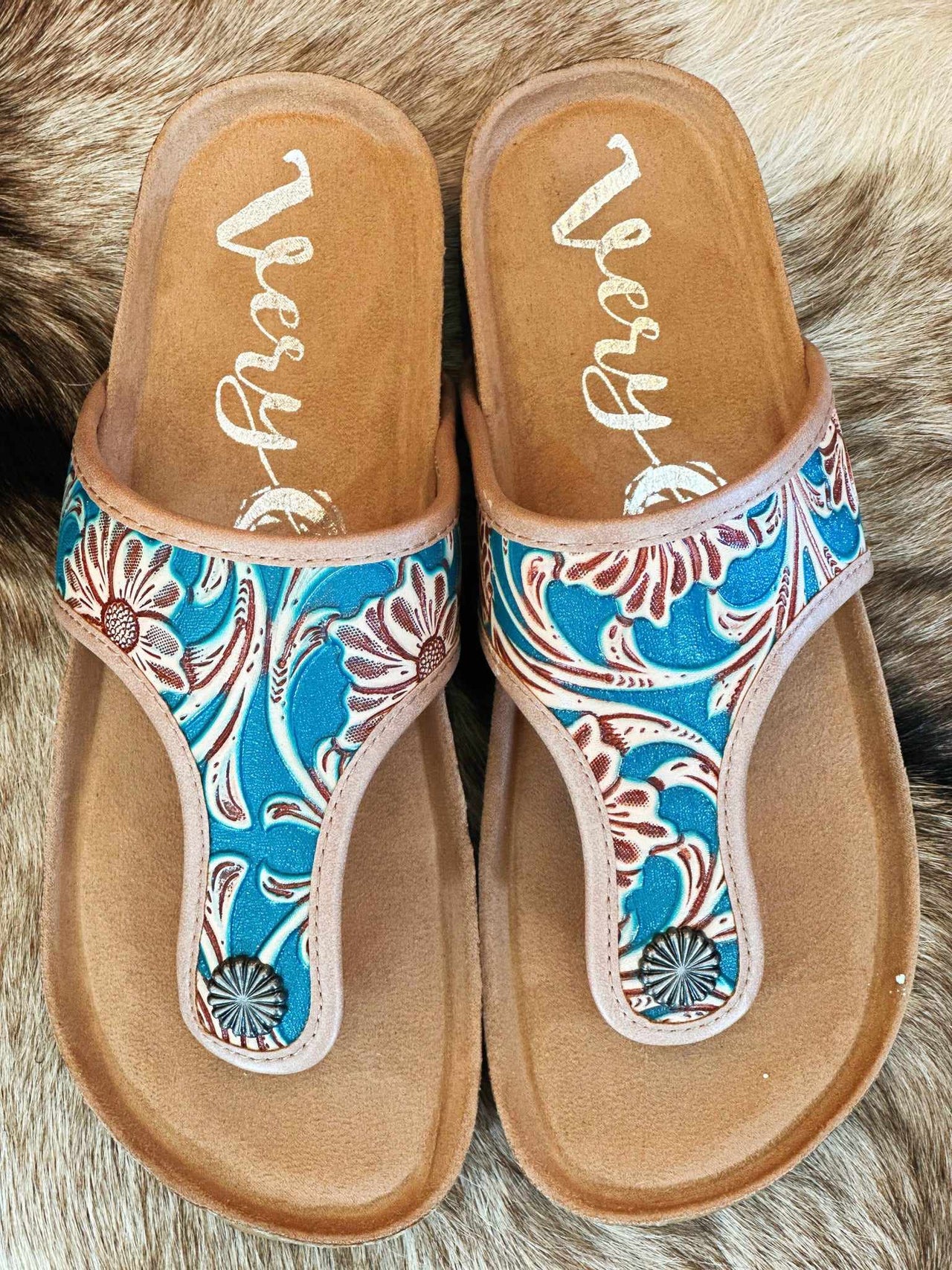 Turquoise floral tooled thong sandals