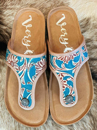 Thumbnail for Turquoise floral tooled thong sandals