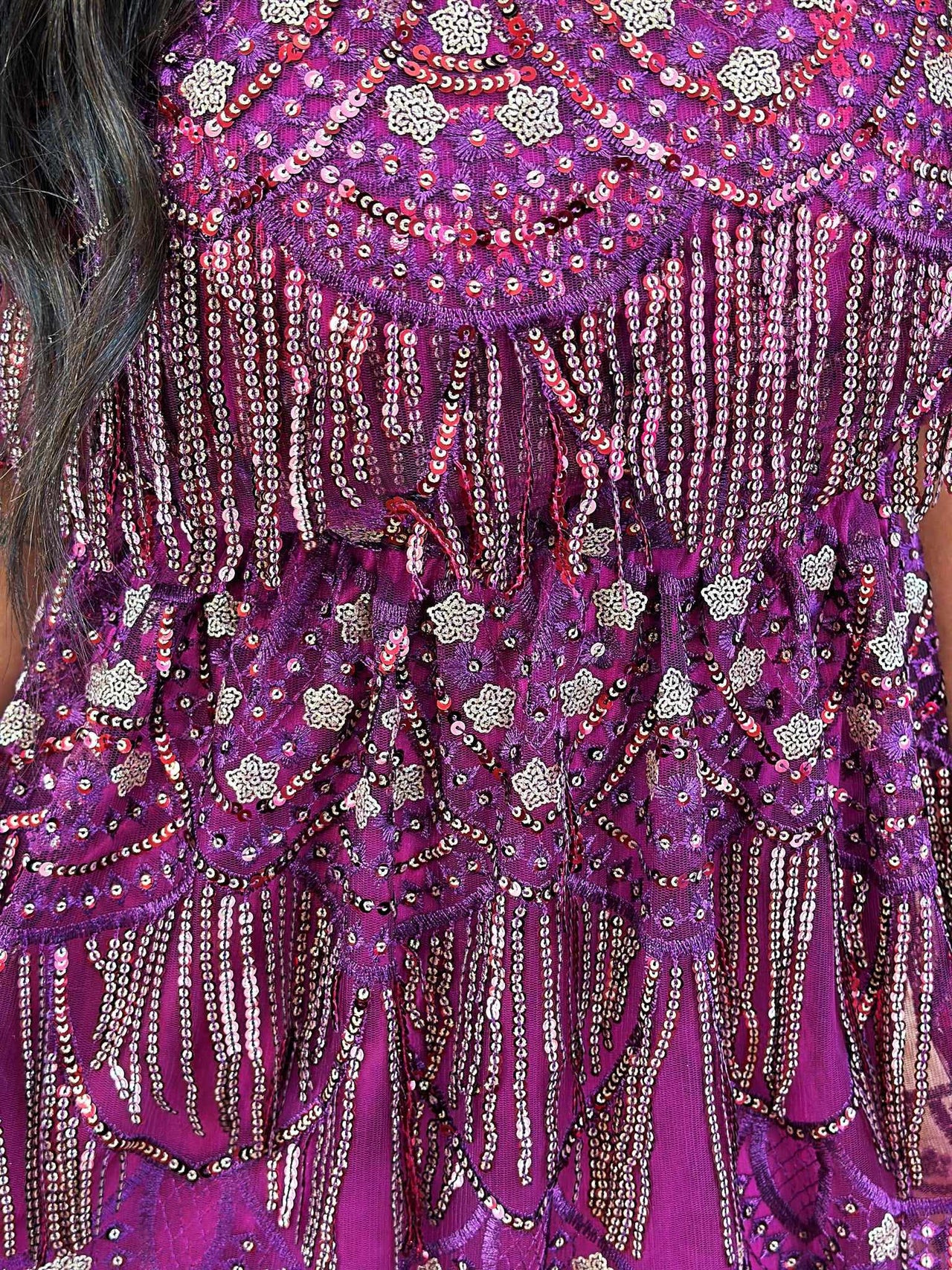 Purple sequin fringe dress.