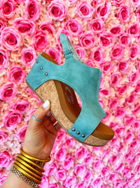 Thumbnail for Womens turquoise wedge sandals.