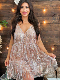 Thumbnail for Blush pink sequin fringe party dress.