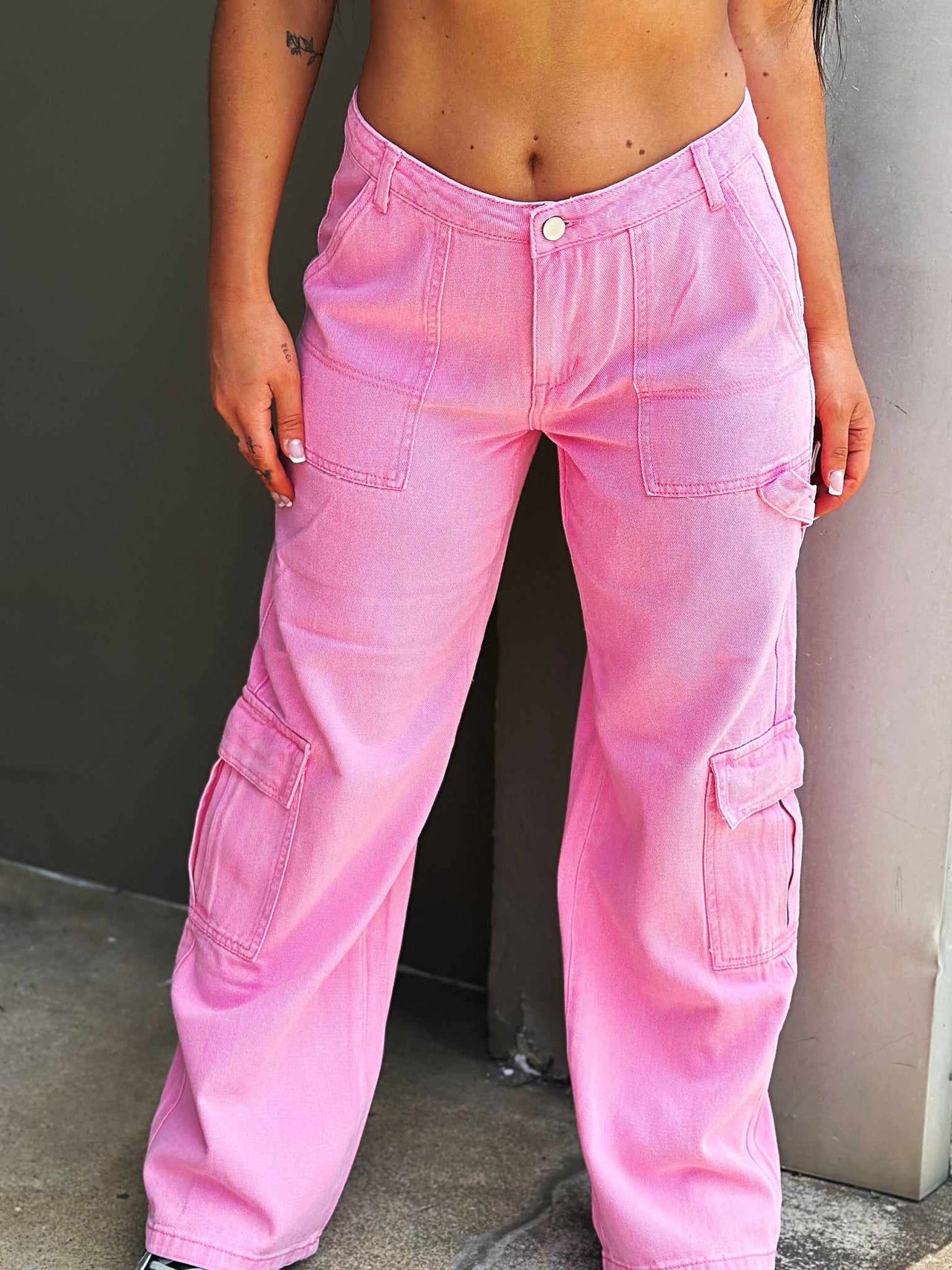 Wide leg pink cargo pants.