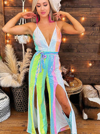 Thumbnail for Rainbow sequin jumpsuit with leg slits