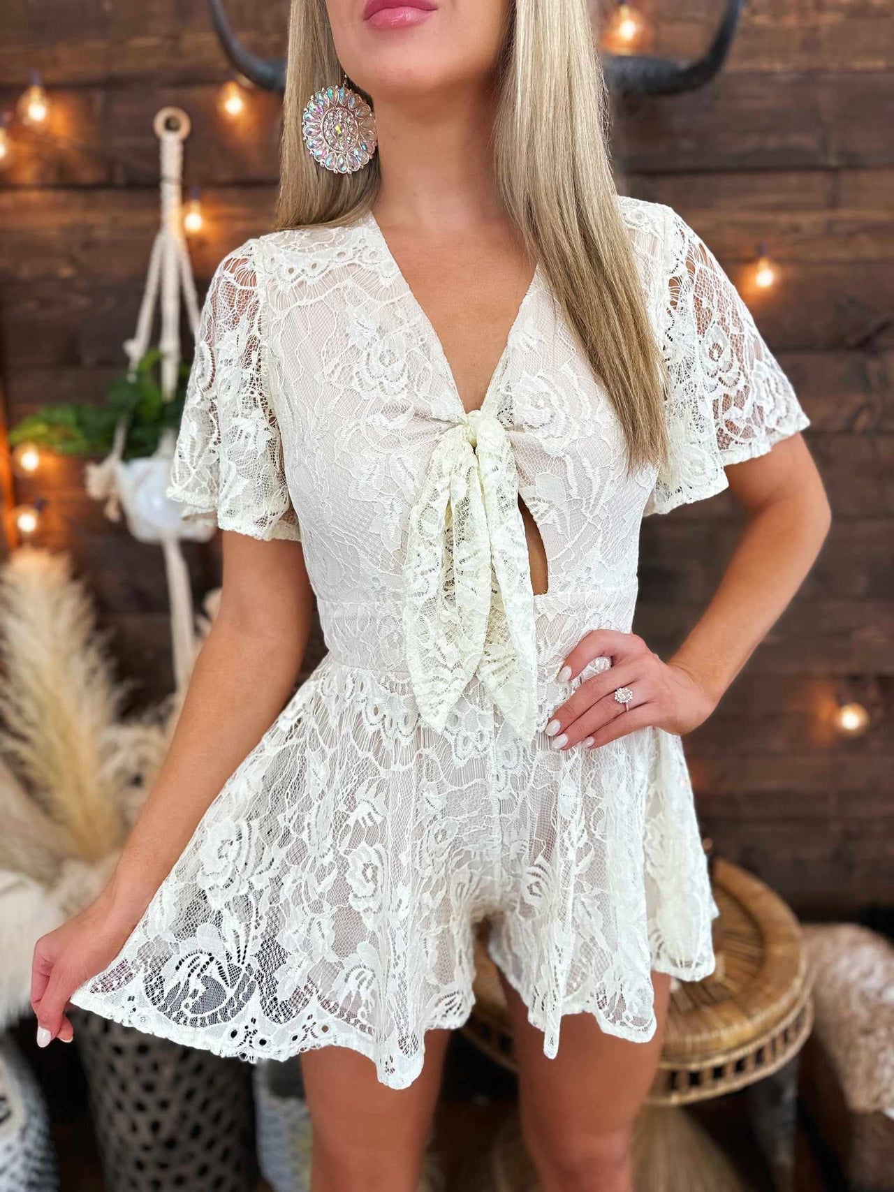 ivory lace romper with front tie