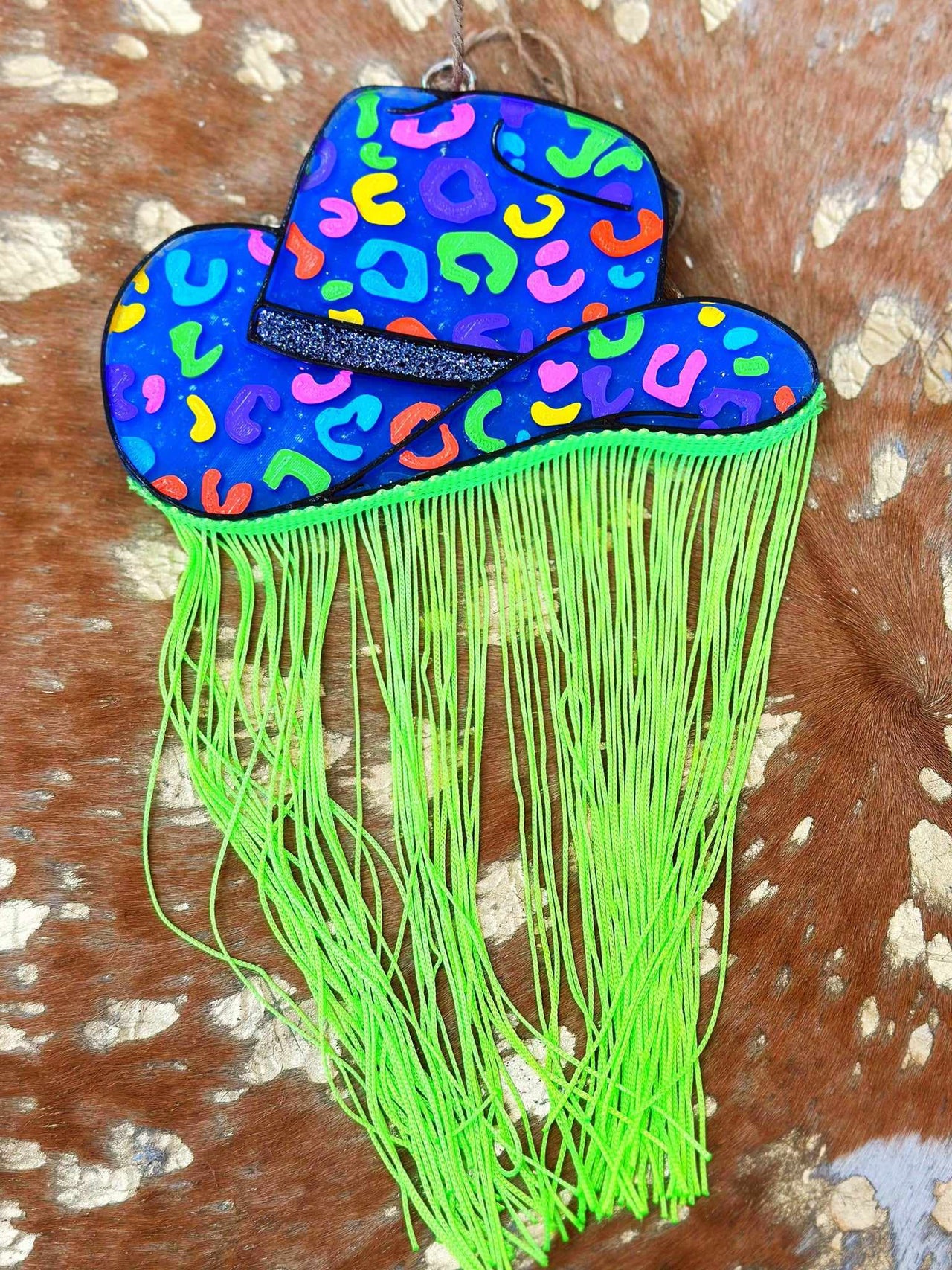 Rainbow Cowgirl Hat with Lime Fringe Freshie
