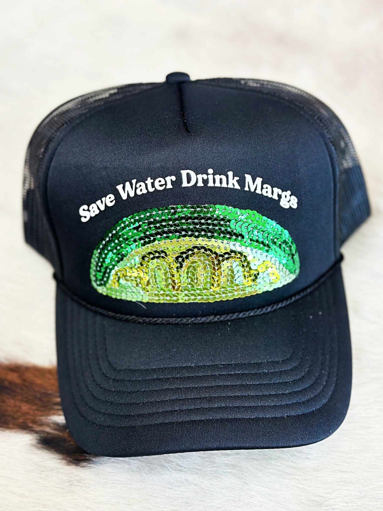 Save Water Drink Margs Sequin Lime Trucker Hat - Black