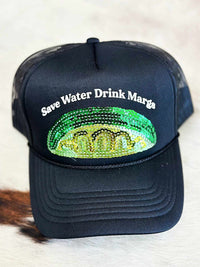 Thumbnail for Save Water Drink Margs Sequin Lime Trucker Hat - Black
