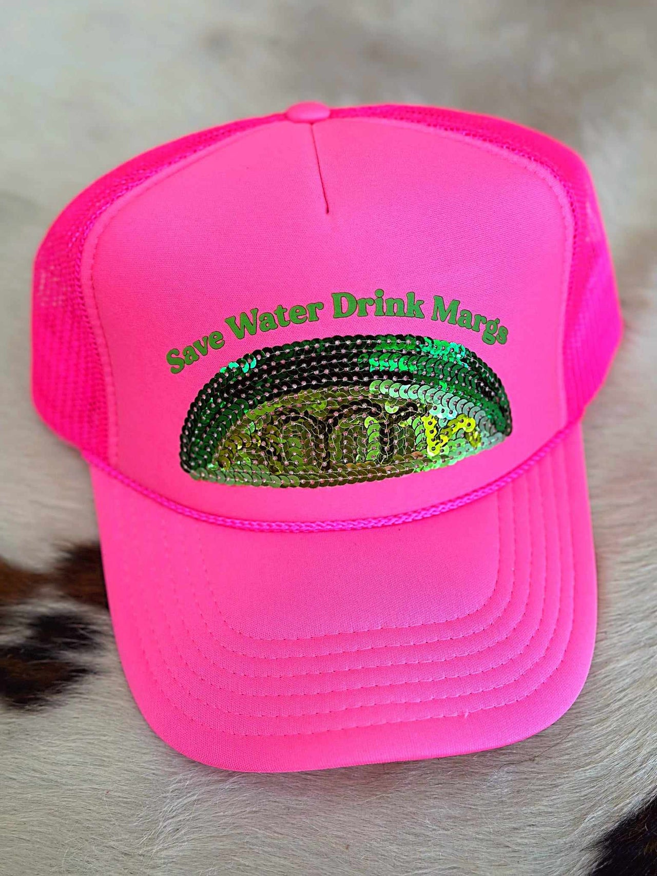 Save Water Drink Margs Sequin Lime Trucker Hat - Pink