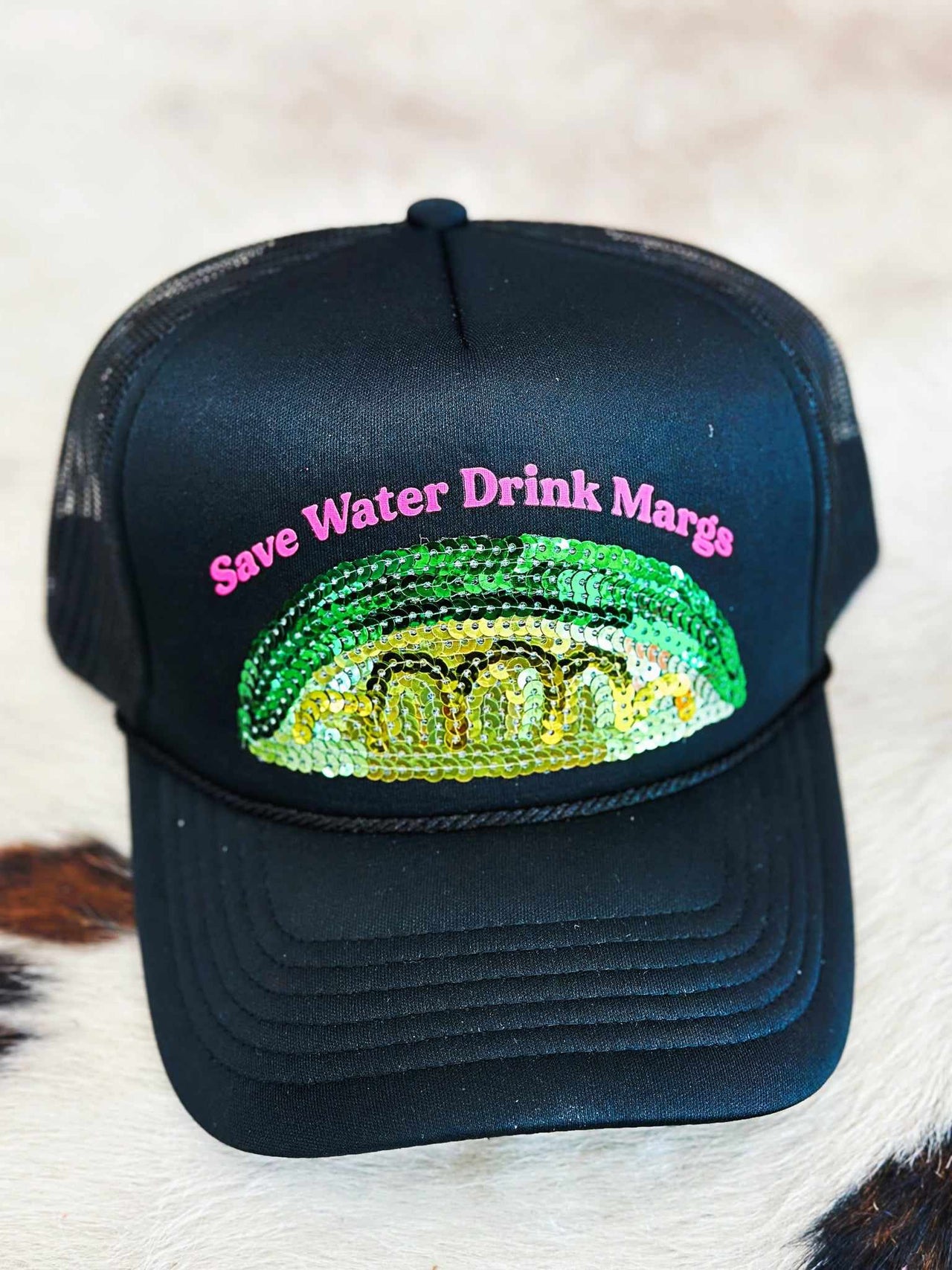 Save Water Drink Margs Sequin Lime Trucker Hat - Black Pink
