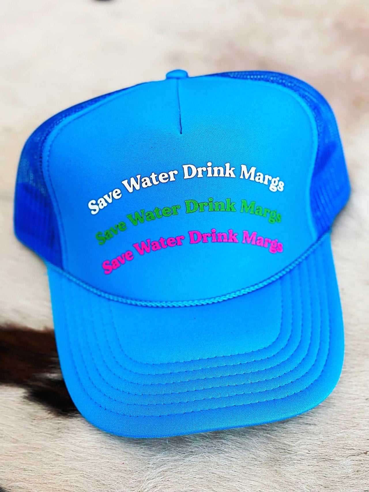 Save Water Drink Margs On Repeat Trucker Hat - Neon Blue