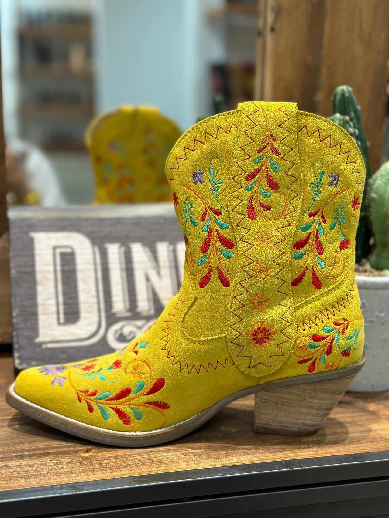 Yellow suede floral embroidered western boots