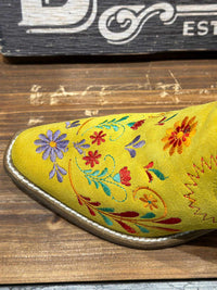 Thumbnail for Yellow suede western booties with floral embroidery.