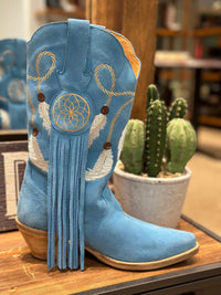 Thumbnail for Light blue suede western boots with feather embroidery and fringe