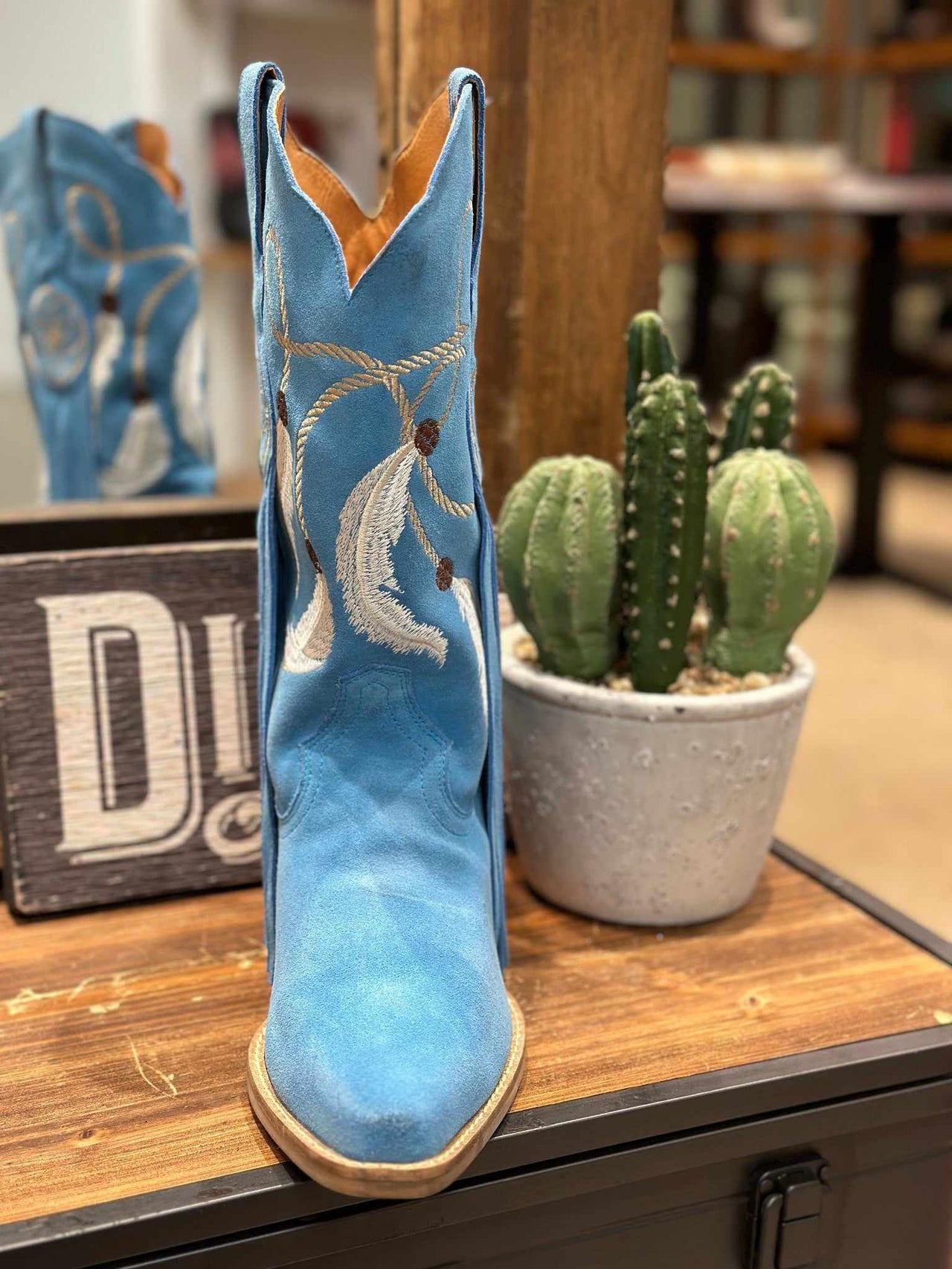 Blue western boots with feather embroidery