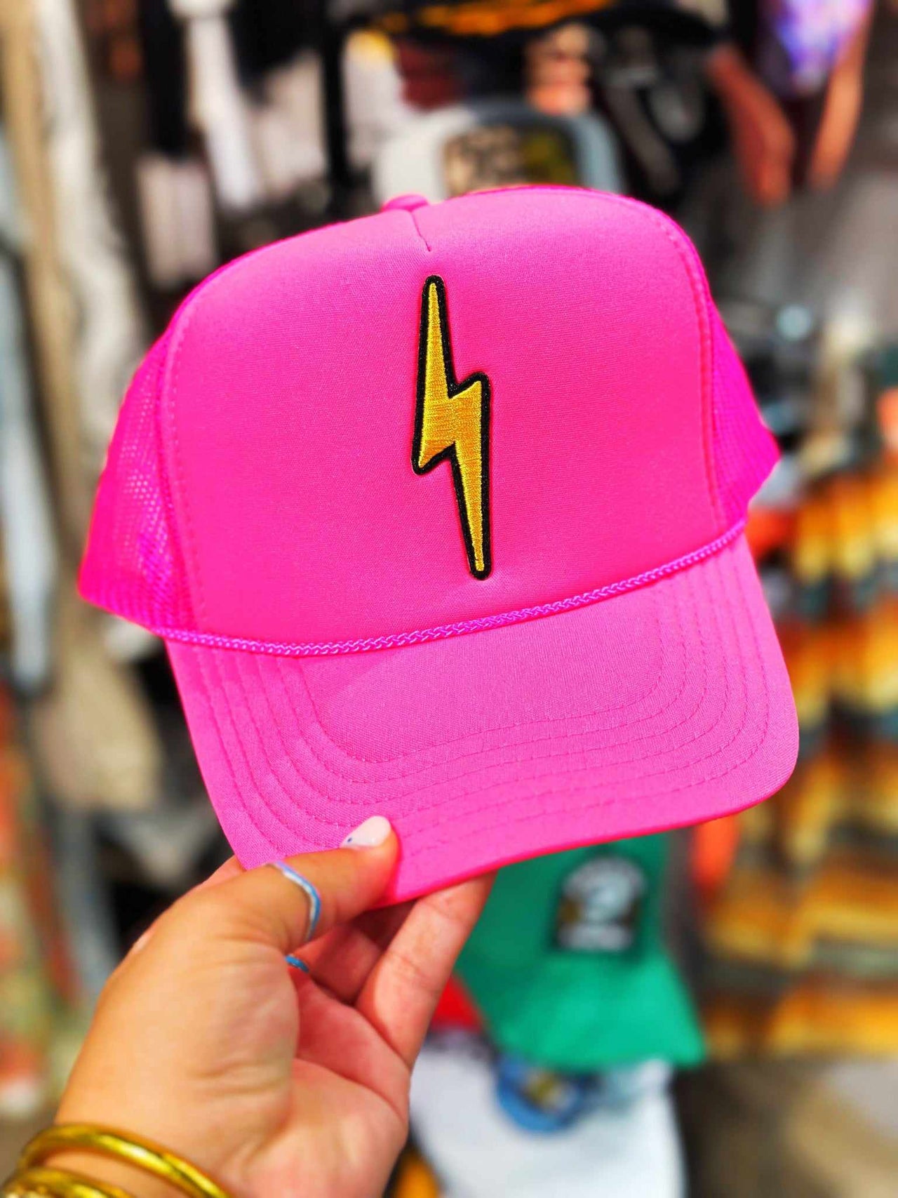 Lightning Bolt Patch Trucker Hat - Neon Pink