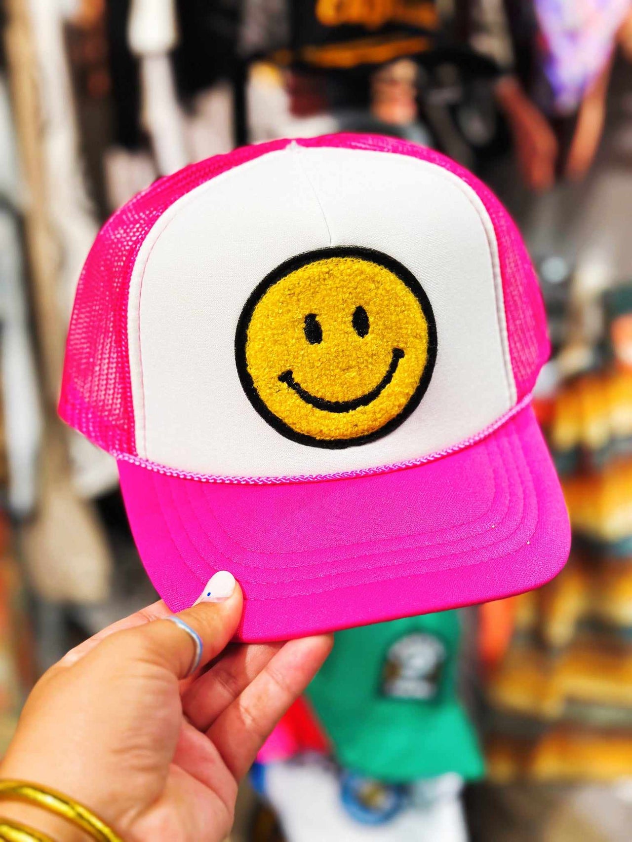 Smiley Patch Trucker Hat - Pink