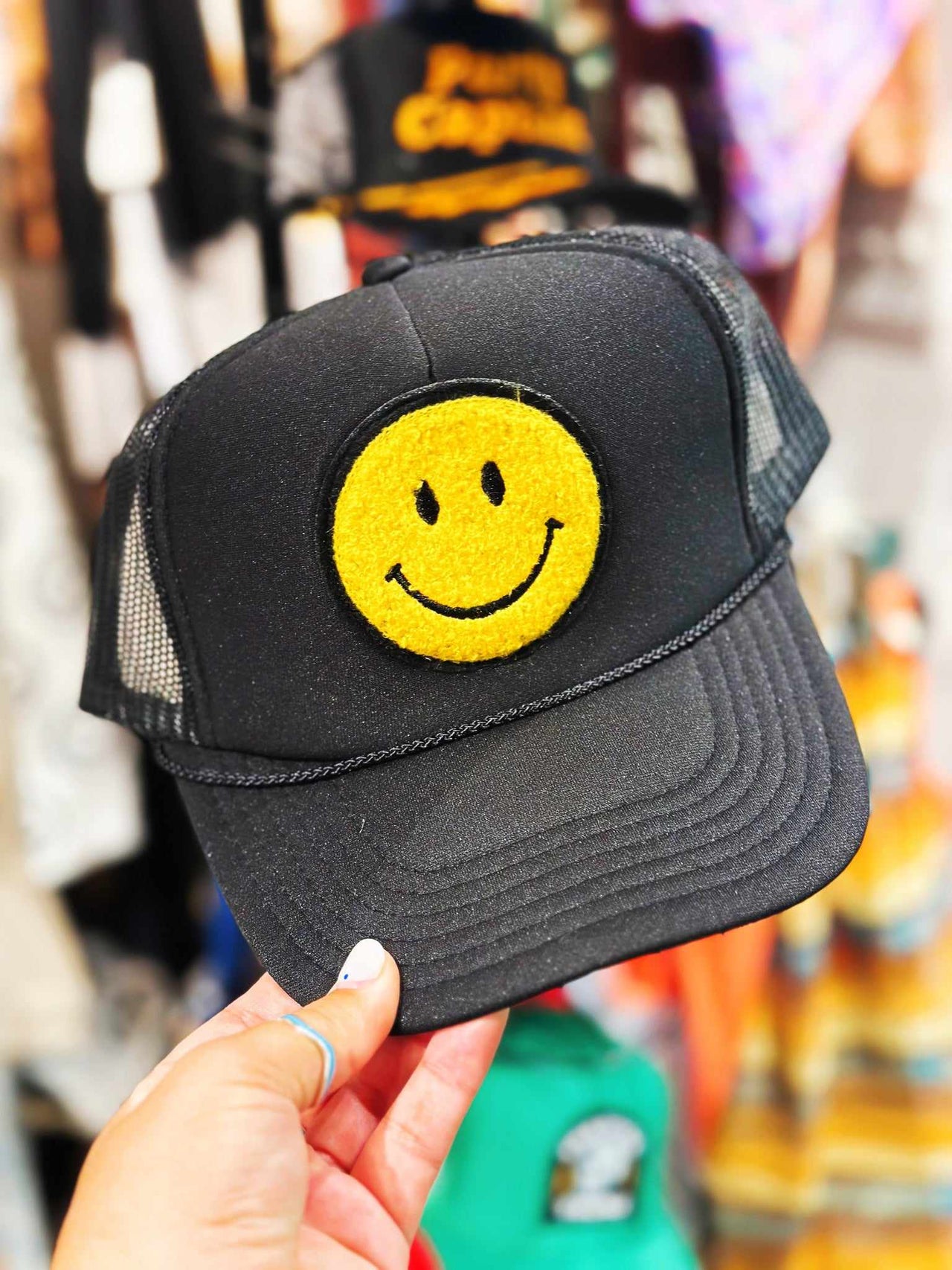 Smiley Patch Trucker Hat - Black
