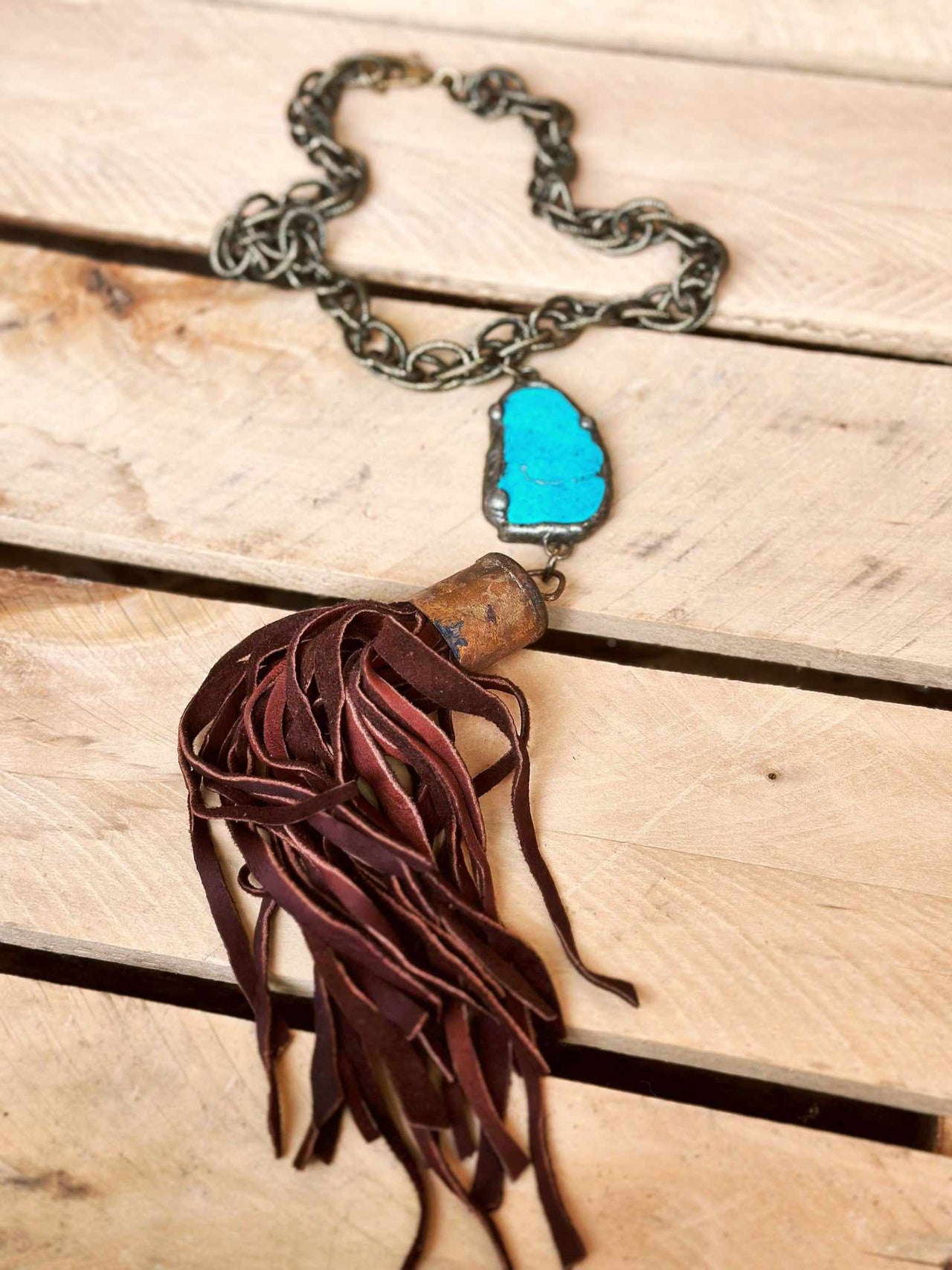 Make A Statement Turquoise Stone Tassel Necklace - Brown