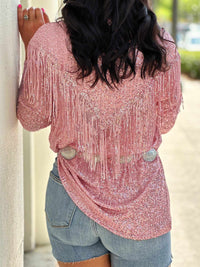Thumbnail for PREORDER Stuck In The Sequins Fringe Top - Pink