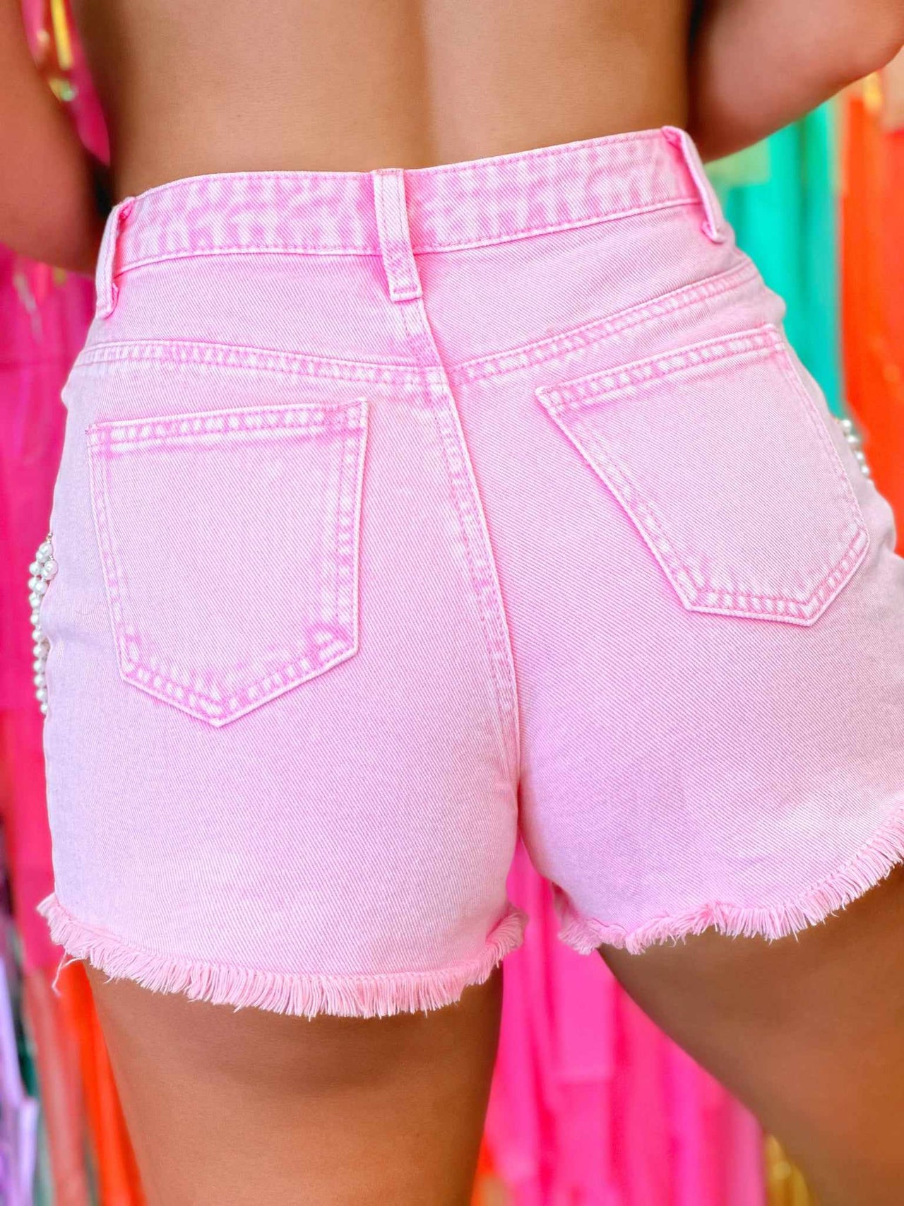 Pink Denim Shorts with Rhinestone Details