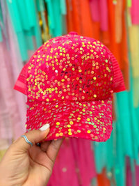 Thumbnail for Neon Pink Velour Sequin Ponytail Ballcap