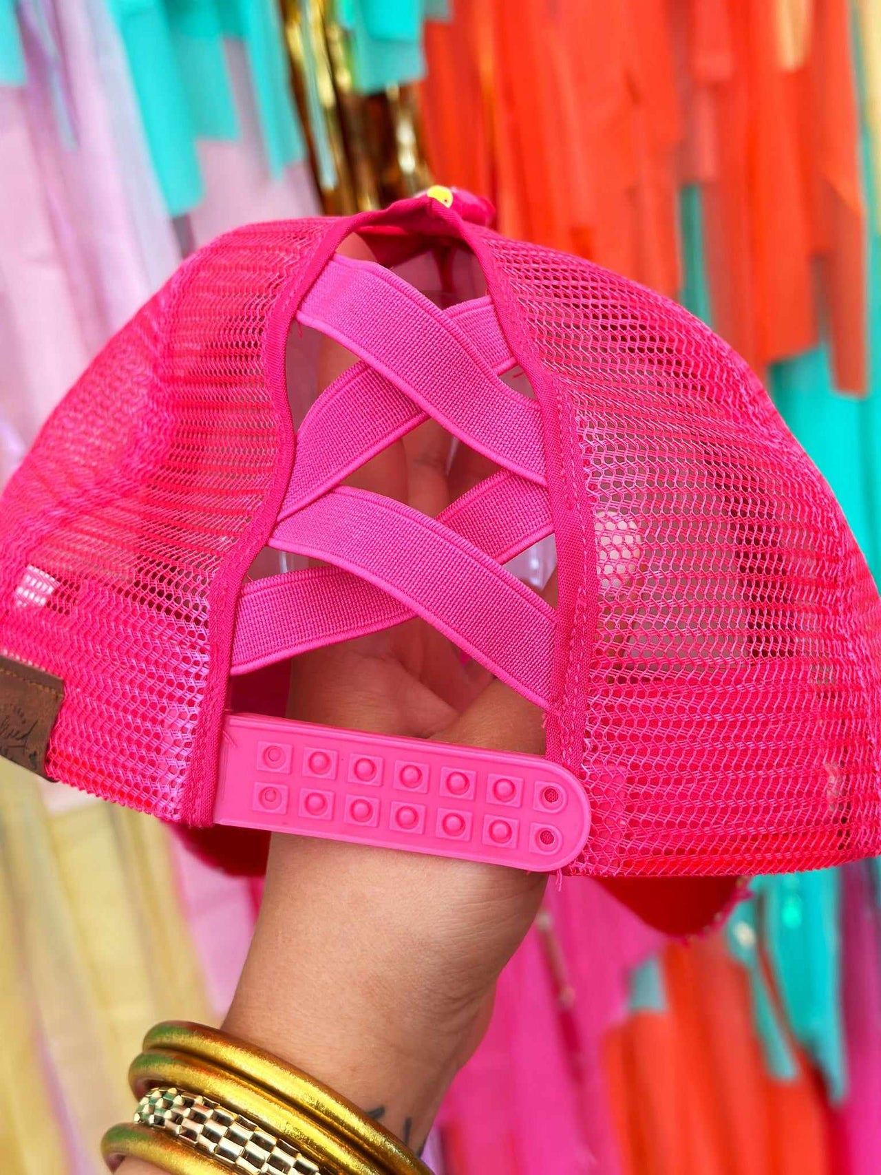 Neon Pink Velour Sequin Ponytail Ballcap