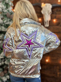 Thumbnail for A Metallic Star Puffer Jacket - Silver
