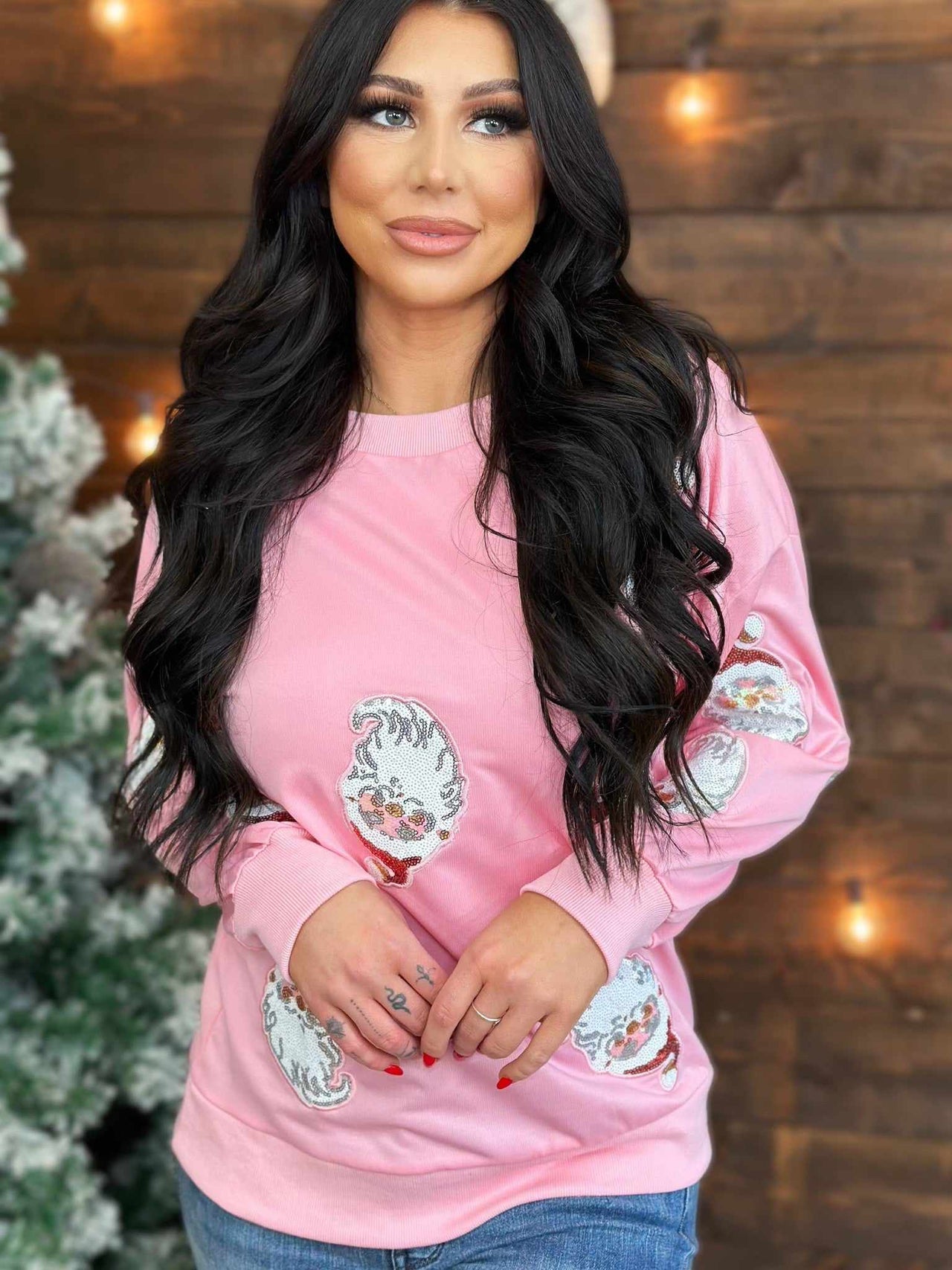 Pink Holiday sweater with sequin santa