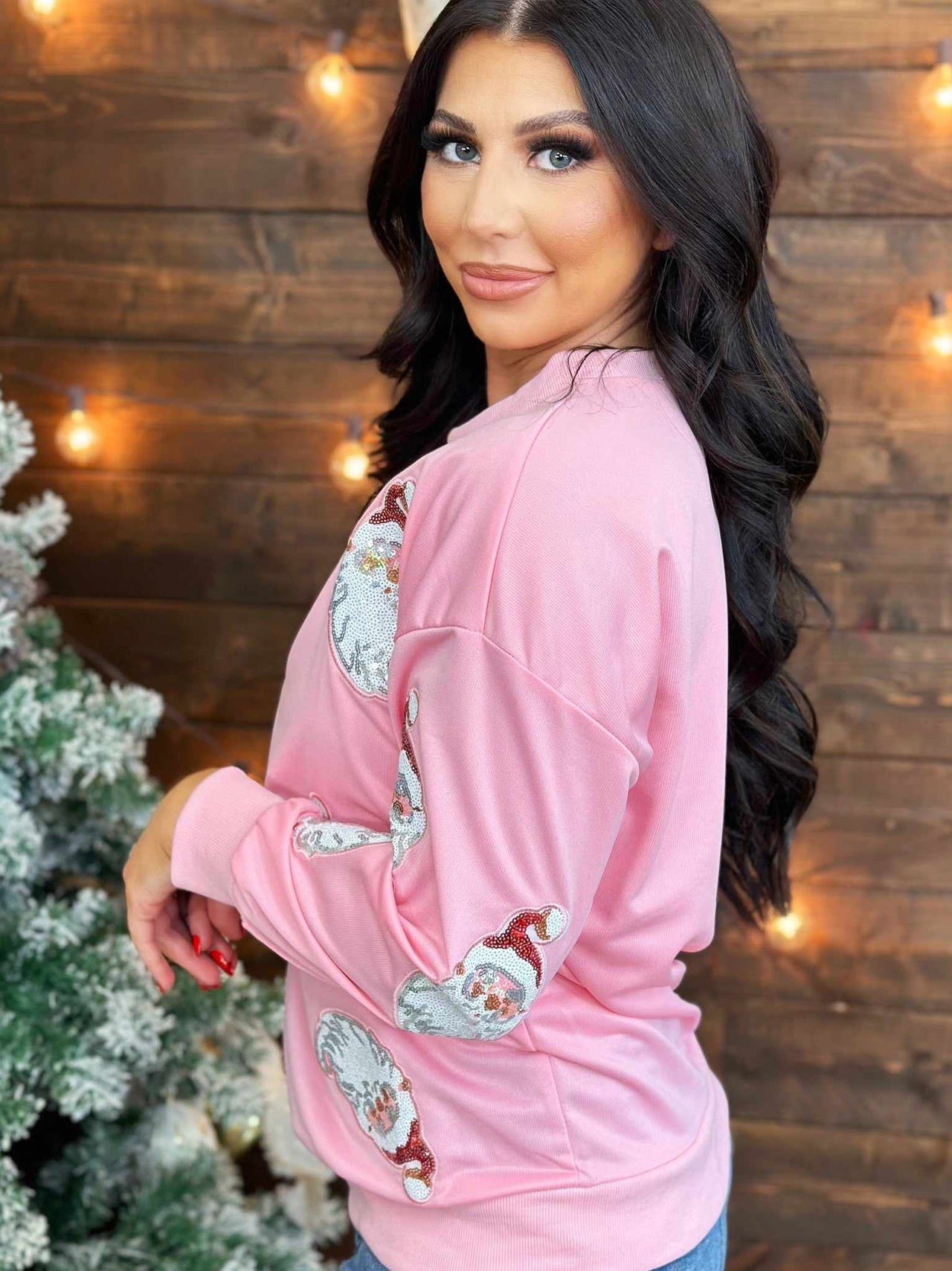 Sequin santa holiday sweater in pink