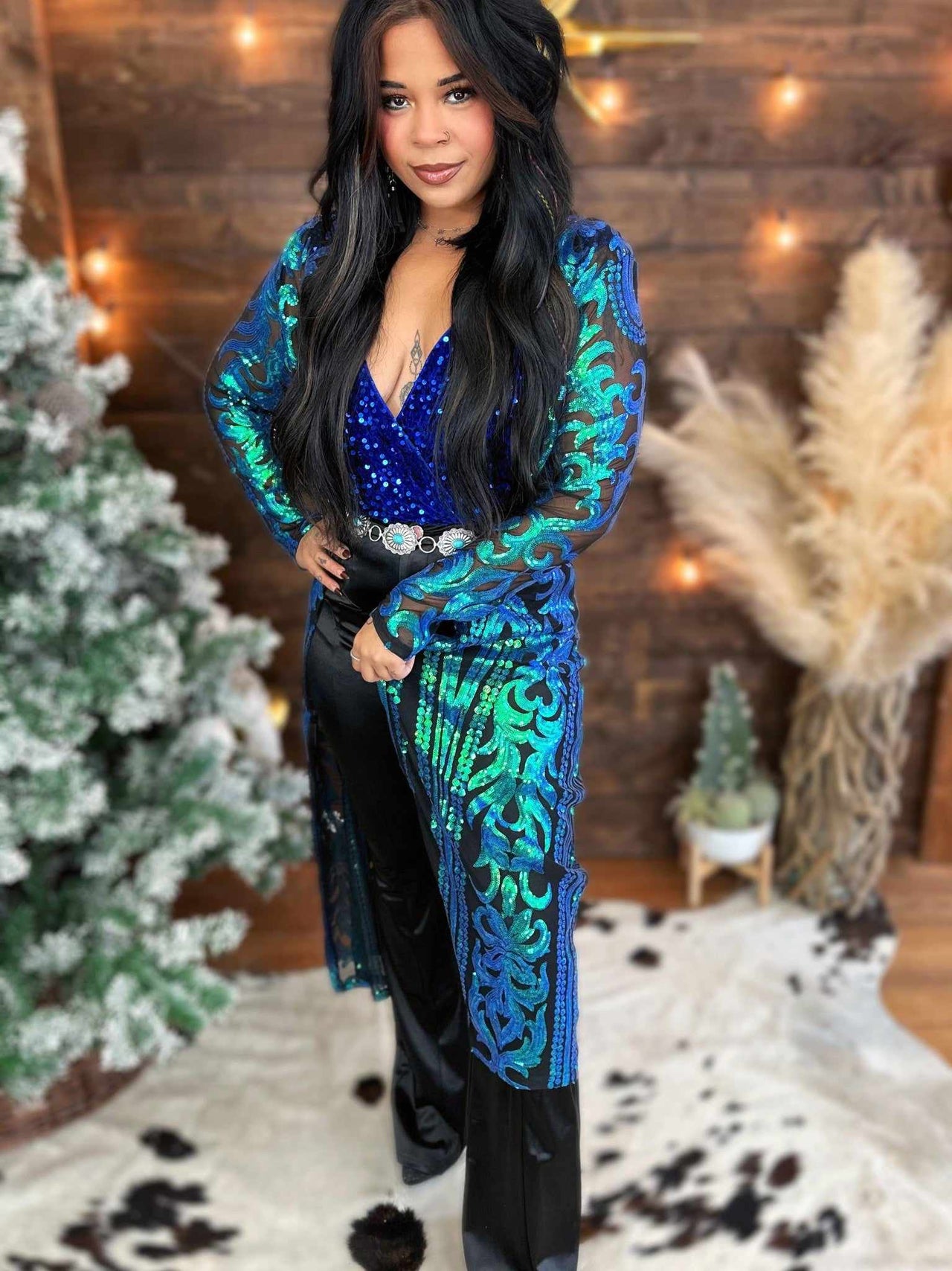 The Royal Sequin Duster - Turquoise on Black
