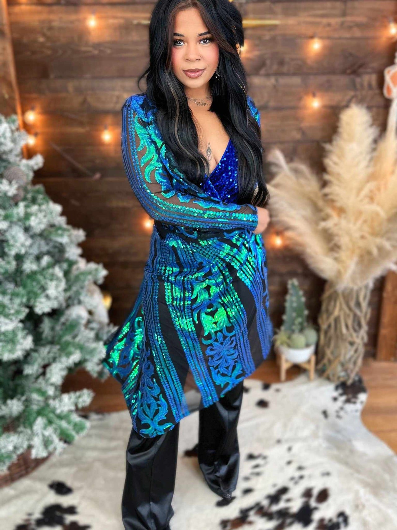The Royal Sequin Duster - Turquoise on Black