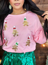 Thumbnail for Pink ling sleeve top with sequin gingerbread men