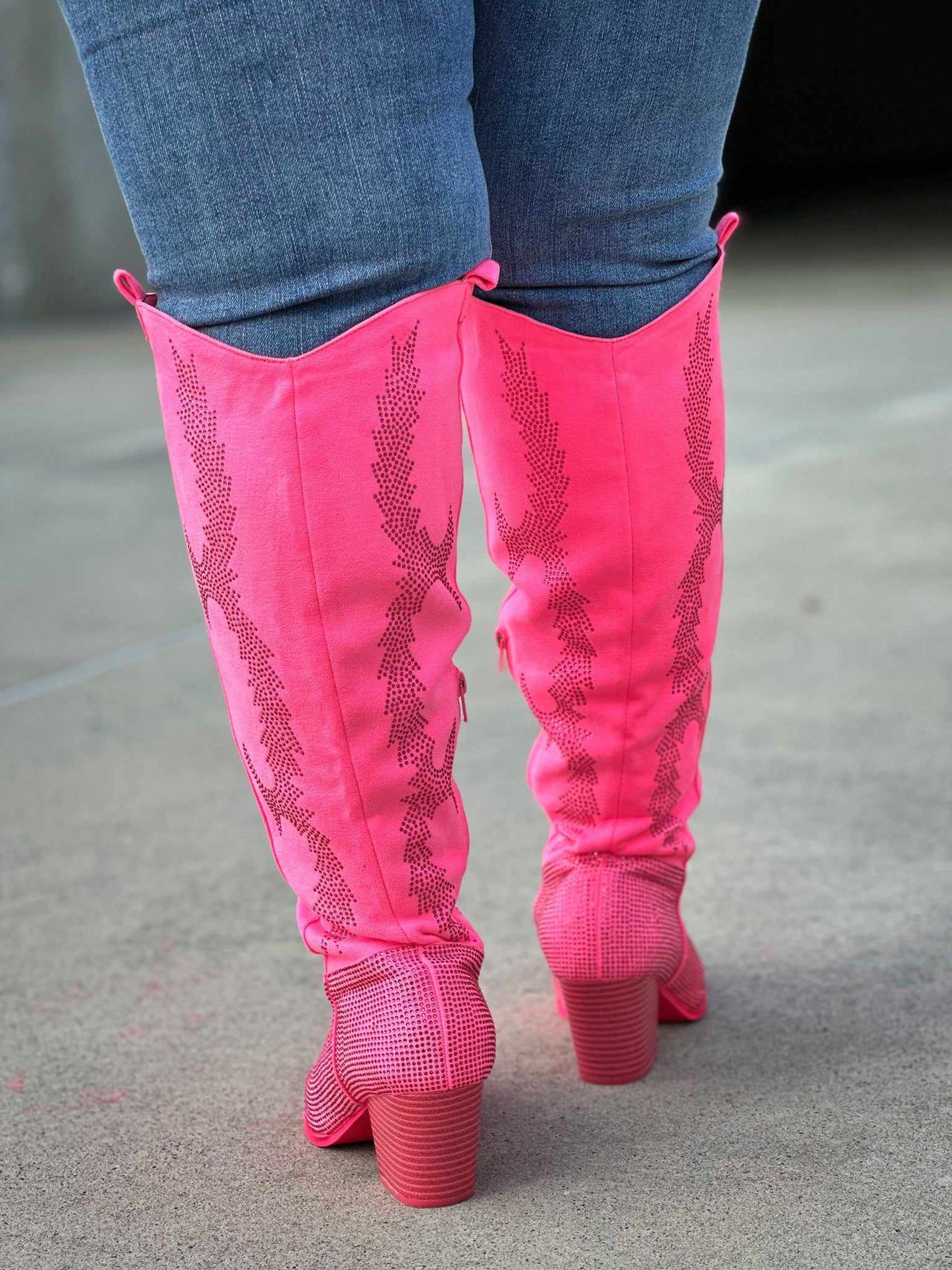 Wide calf barbie pink rhinestone western boots.