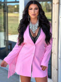 Thumbnail for Oversized blazer dress in pink with fringe