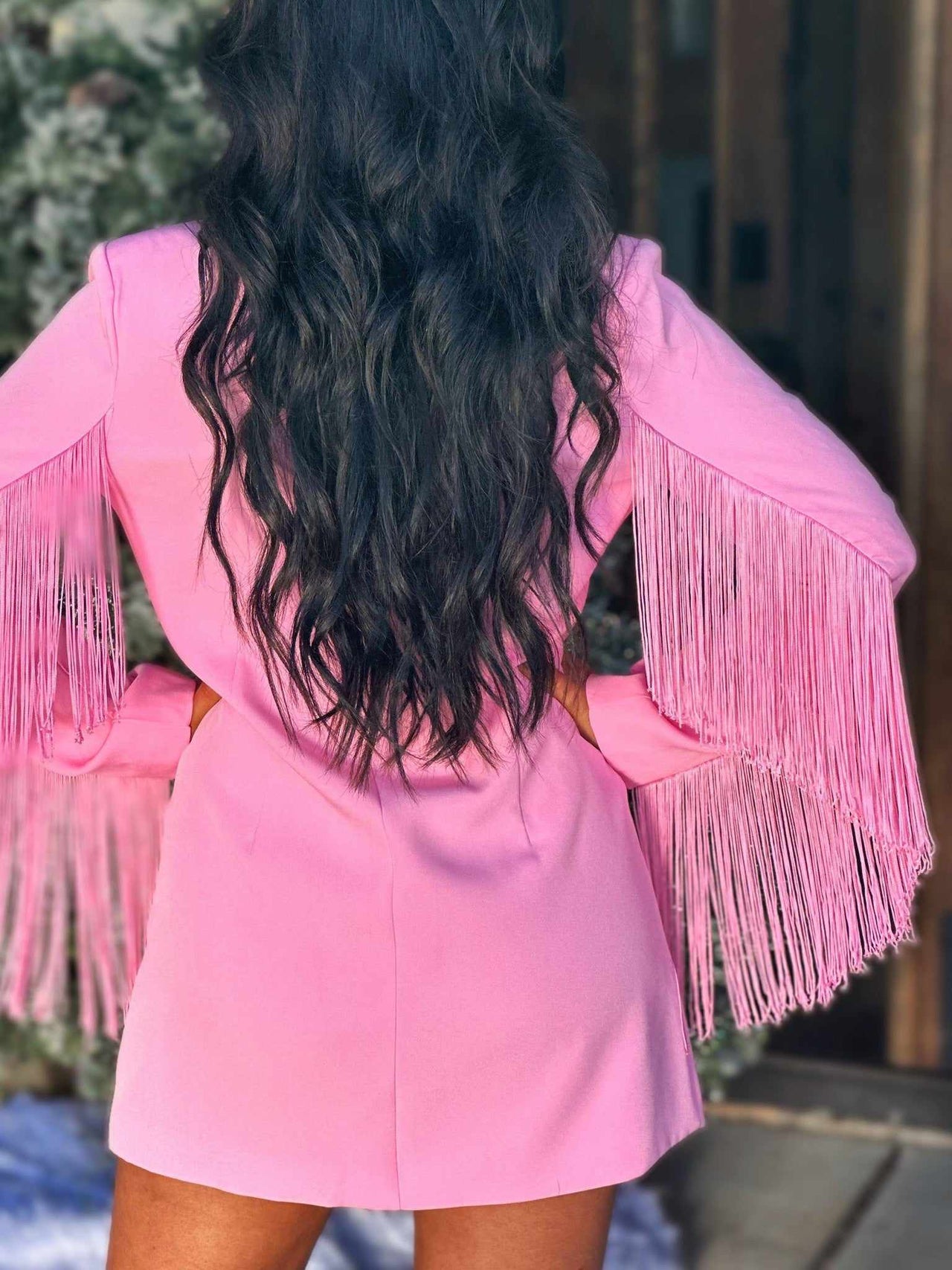 Pink jacket mini dress with fringe 