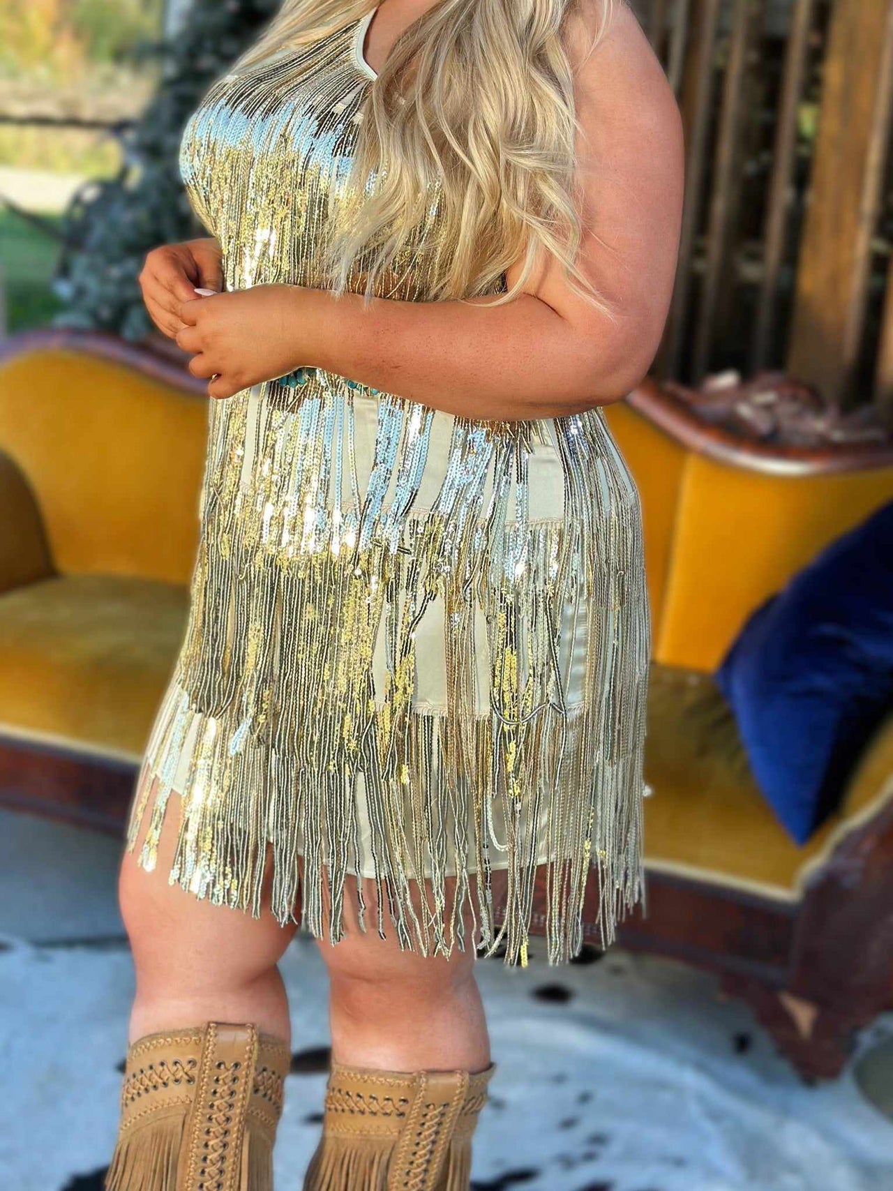 Gold sequin fringe dress
