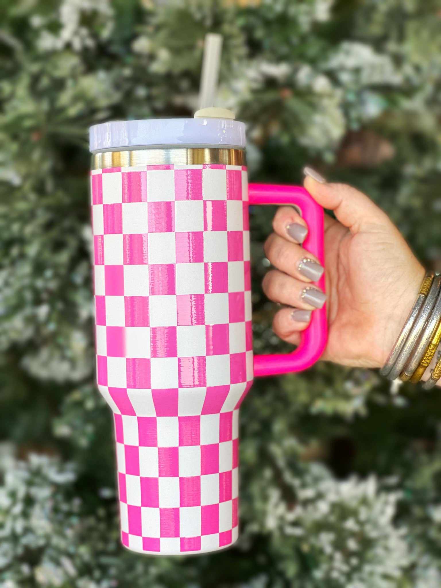 Purple and White Stainless Steel Checkered Tumbler