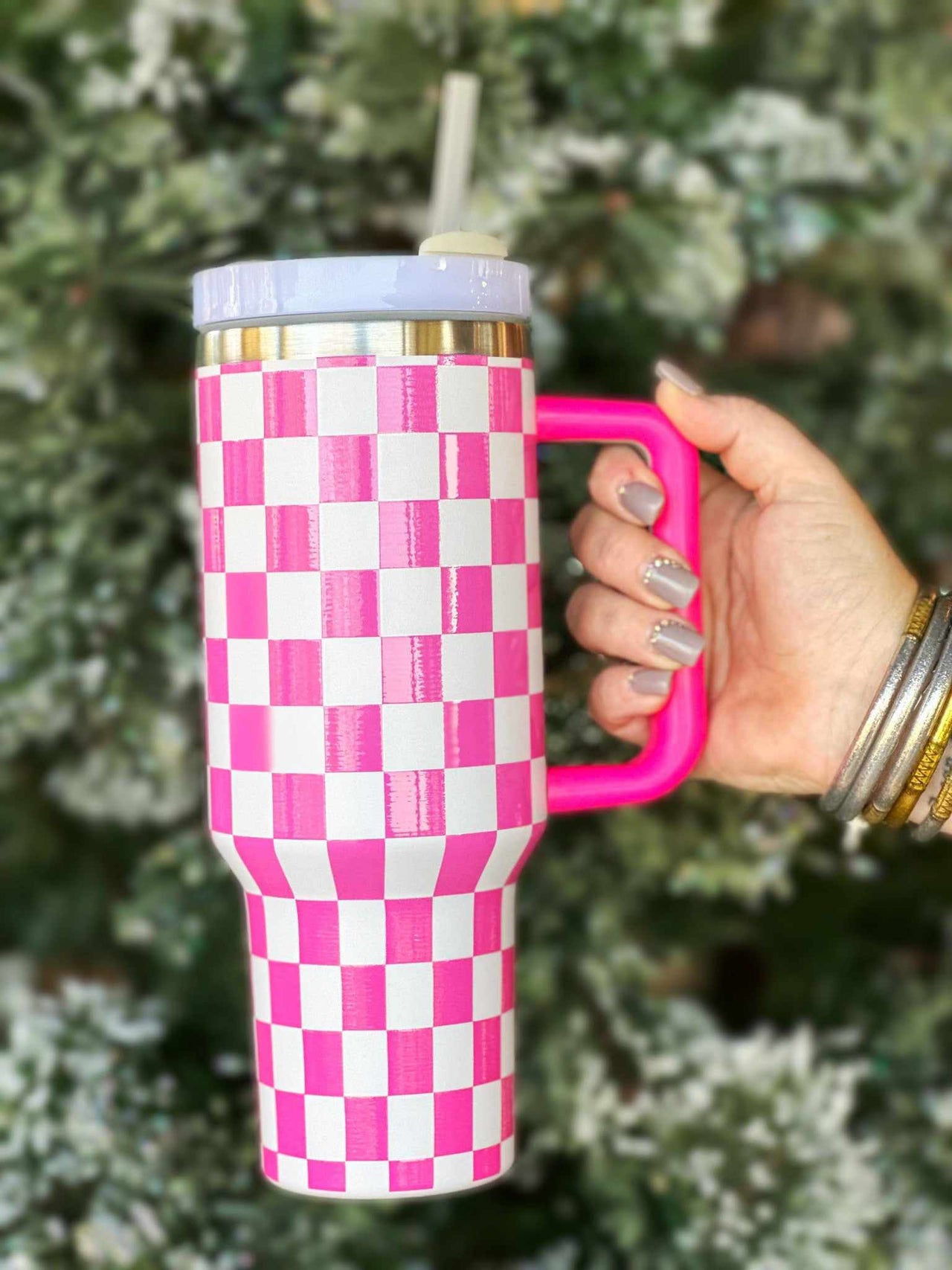 Stainless Steel Checkered Tumbler - Pink and White