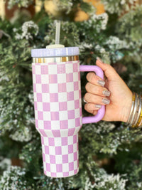 Thumbnail for Stainless Steel Checkered Tumbler - Light Purple and White