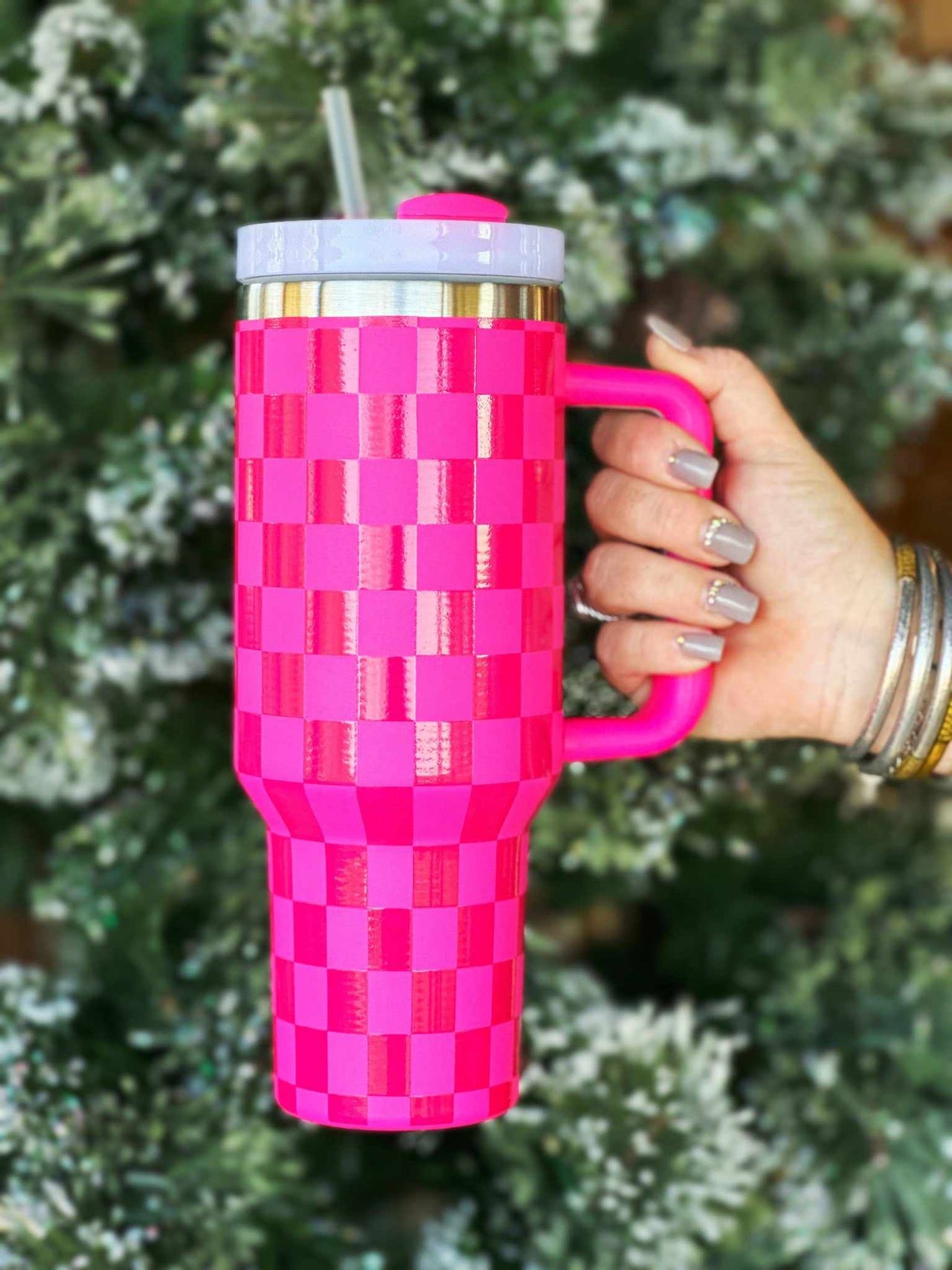 Stainless Steel Checkered Tumbler - Pink