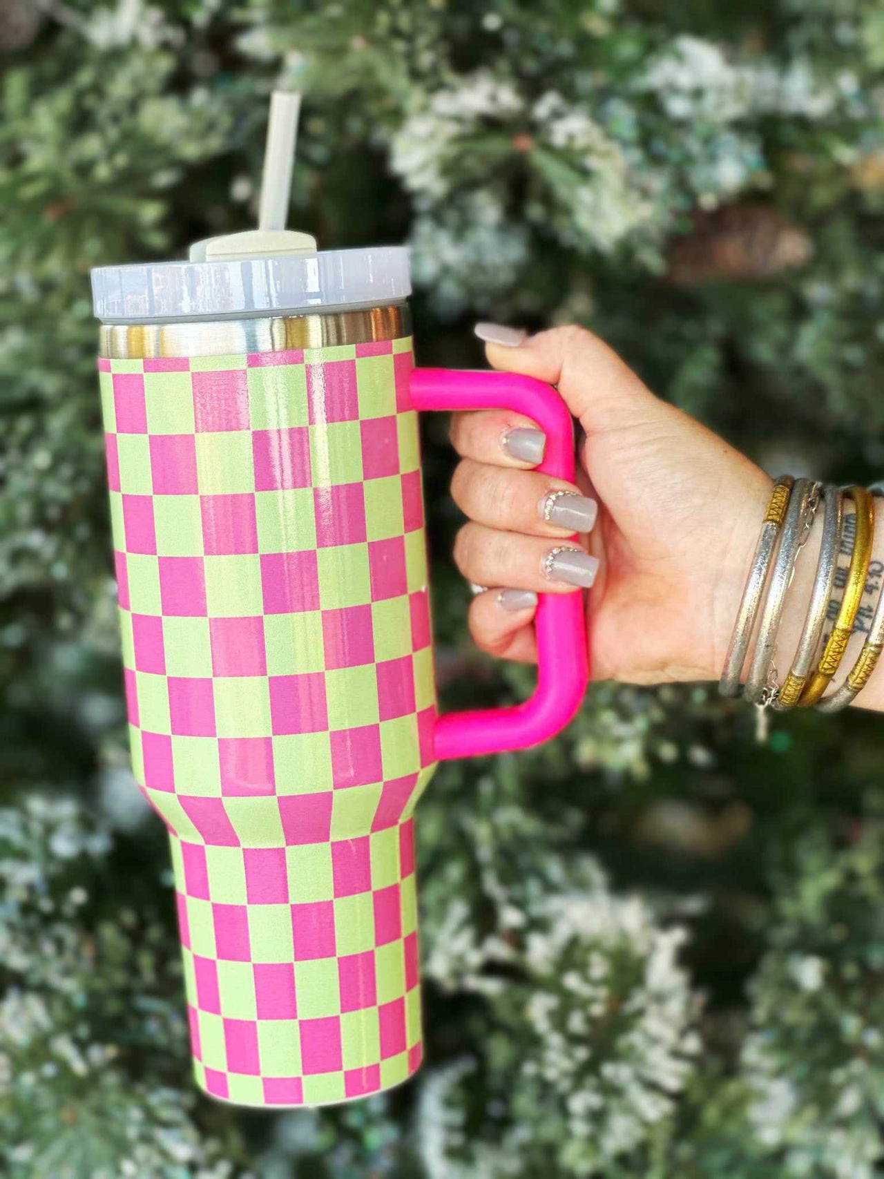 Green and Pink Stainless Steel Checkered Tumbler