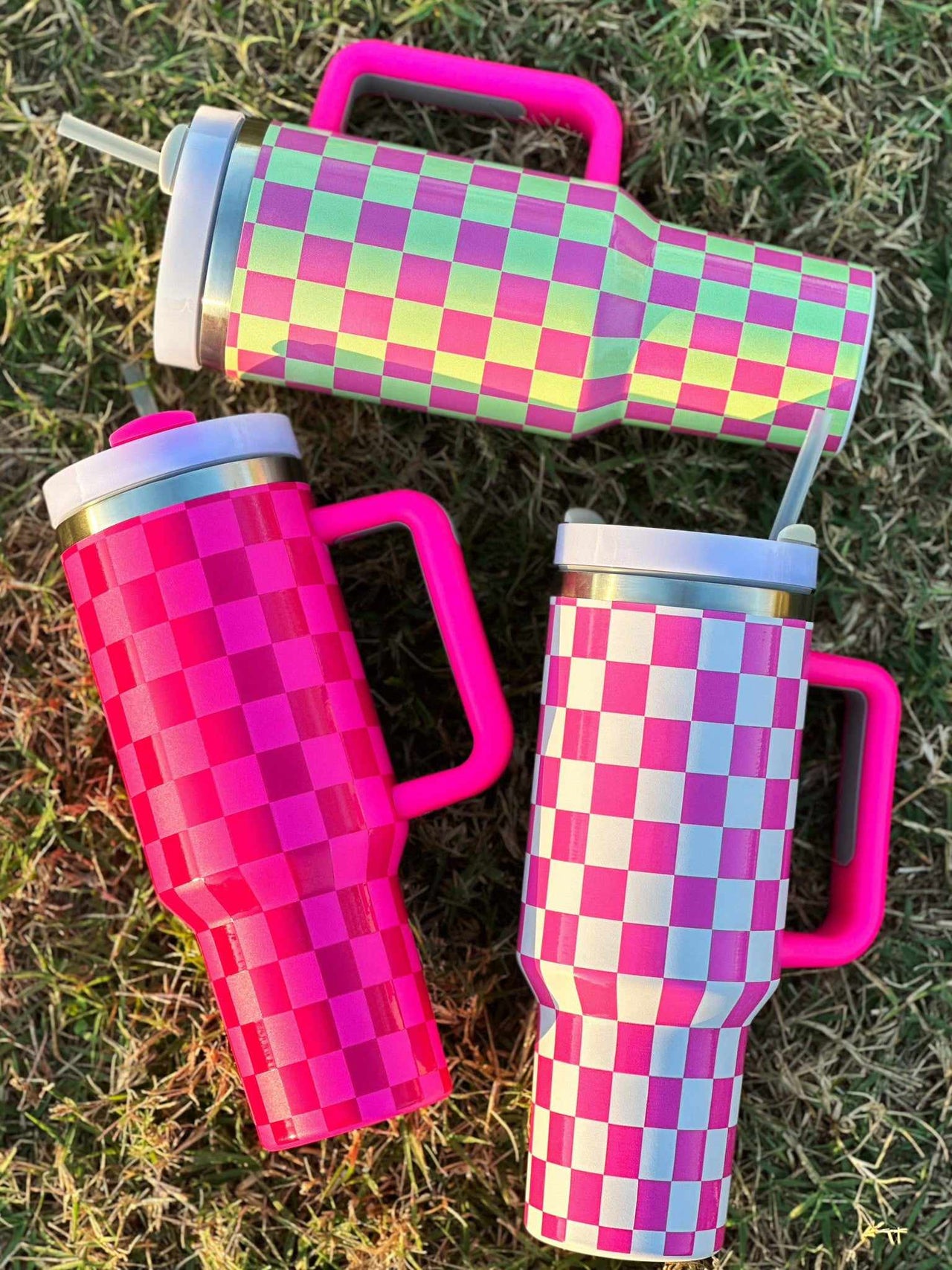 Stainless Steel Checkered Tumbler - Pink and White