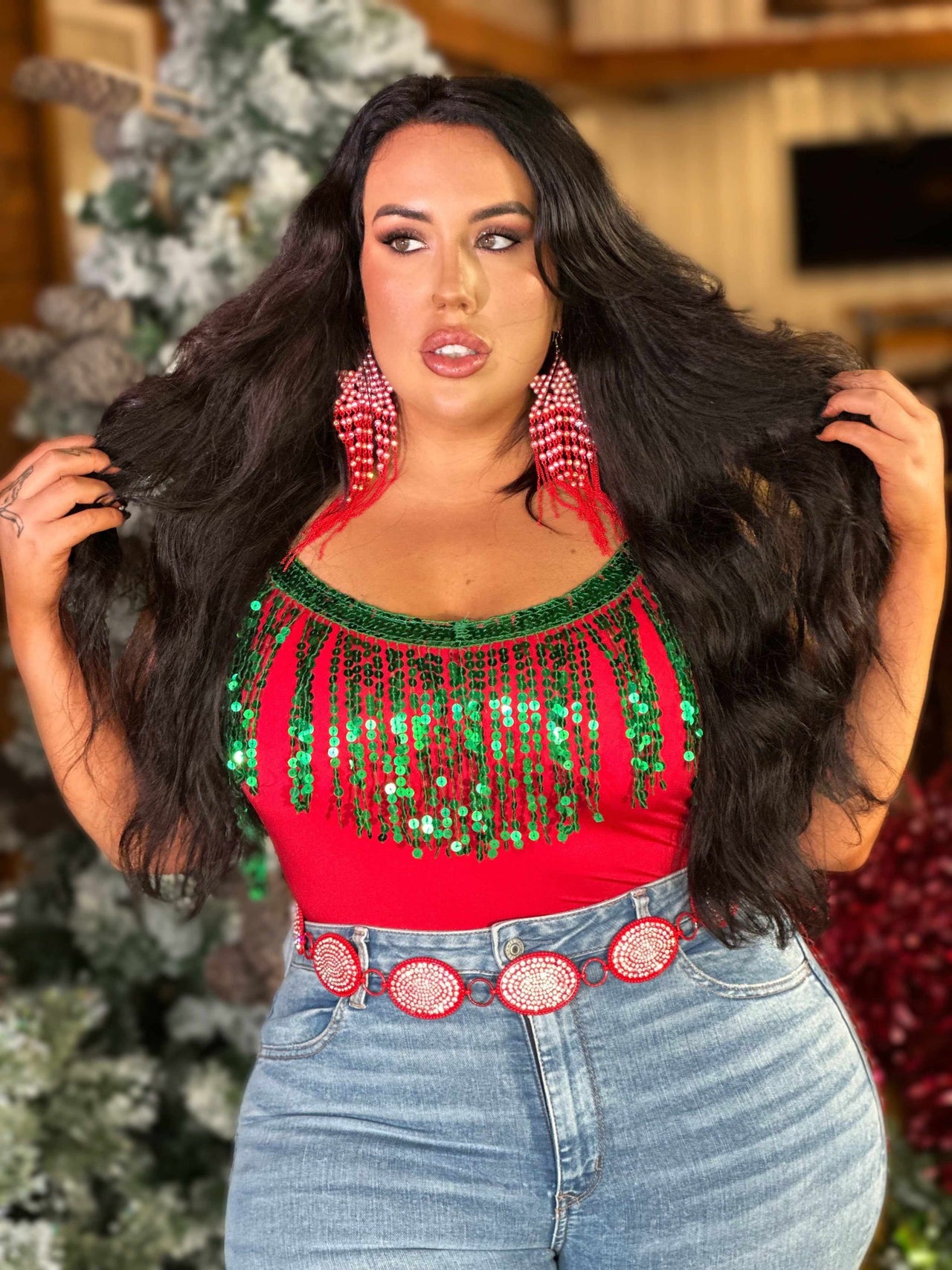 Red top with green sequin fringe christmas outfit