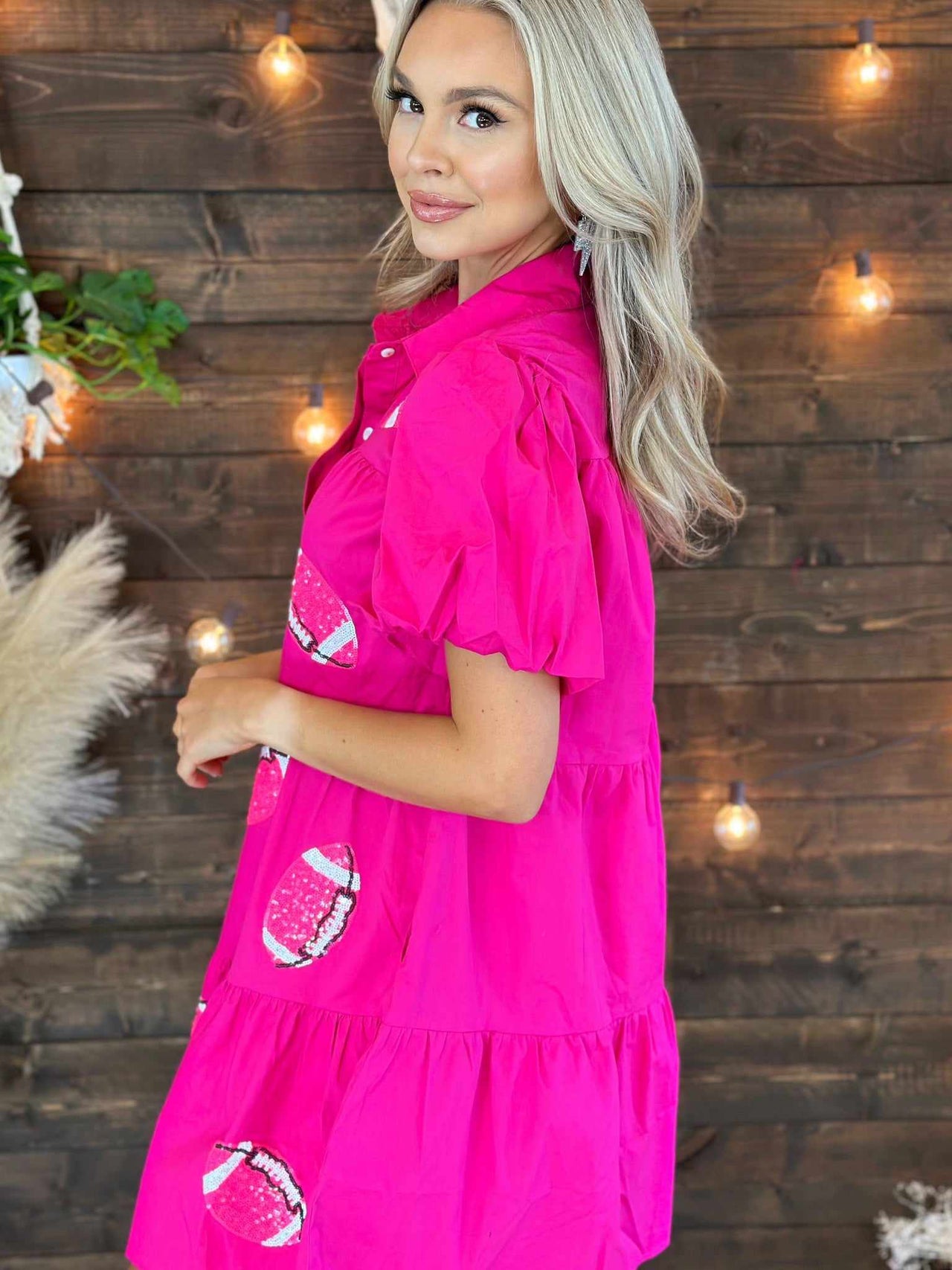 Pink shirt dress with sequin footballs
