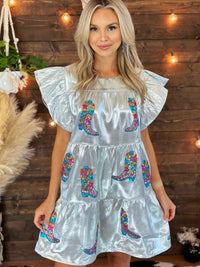 Thumbnail for Silver babydoll dress with sequin boots