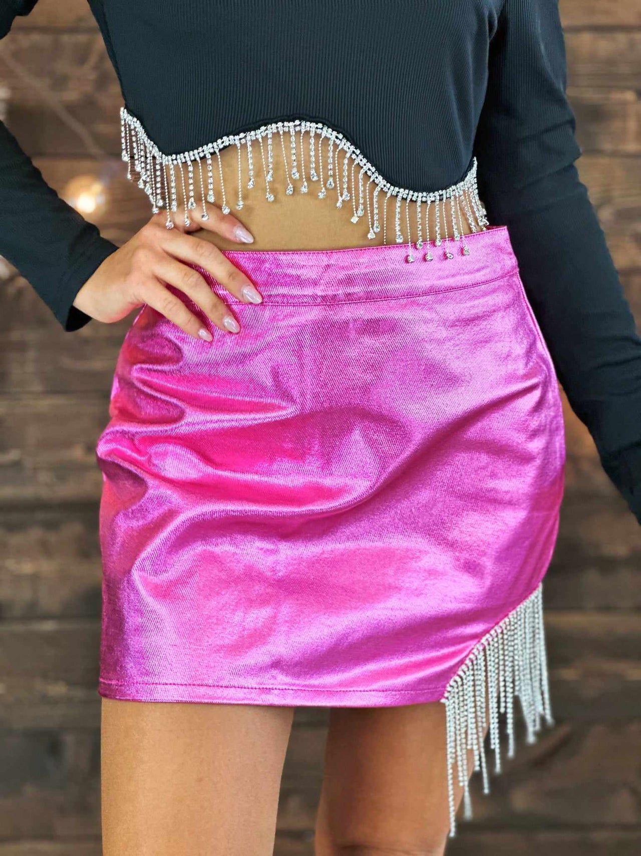 Metallic pink mini skirt with rhinestone fringe