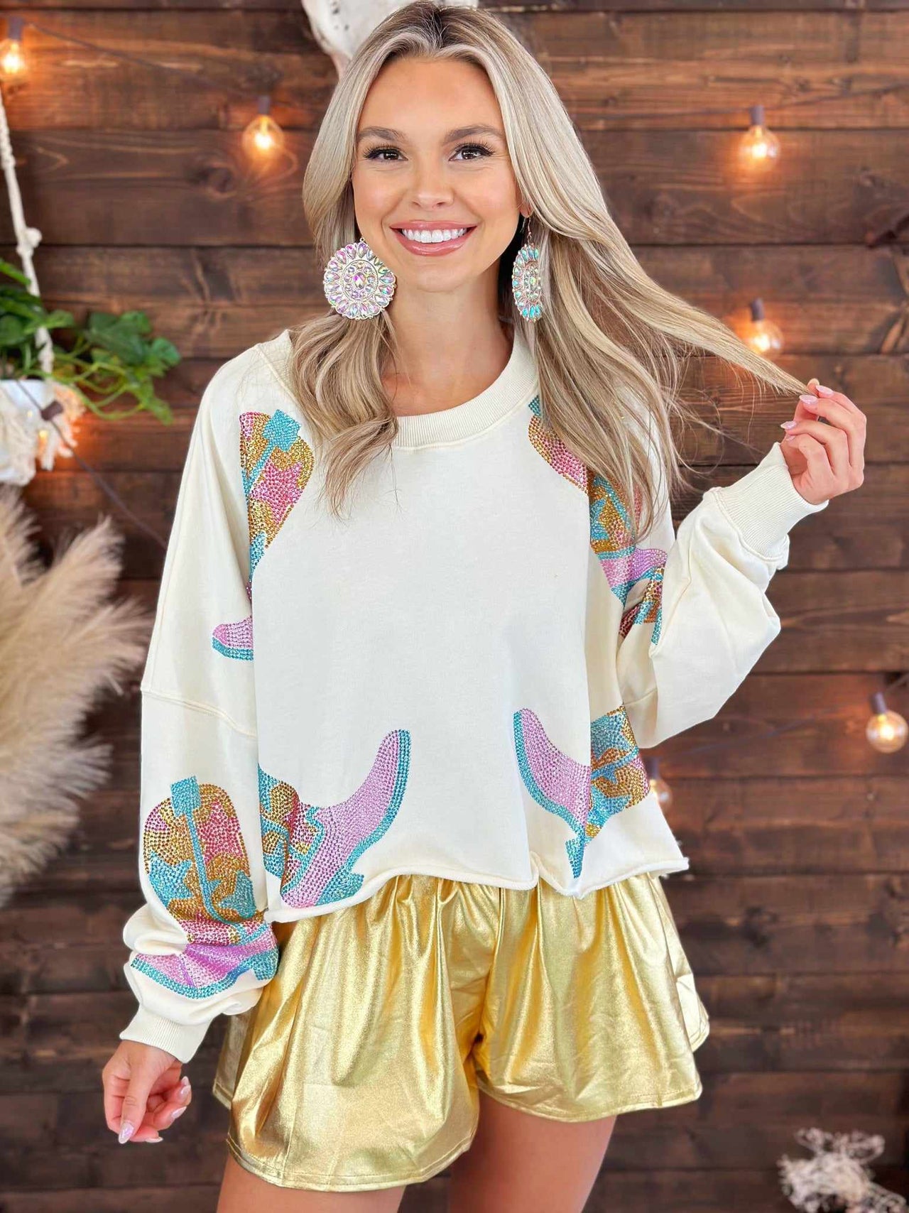 Sequin cowgirl boots long sleeve crop top