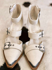 Thumbnail for Cream ankle strap buckle heels.