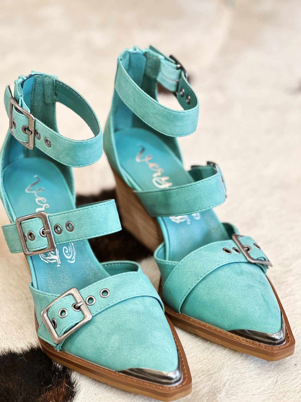 Turquoise Ankle strap chunky heel shoes for women.