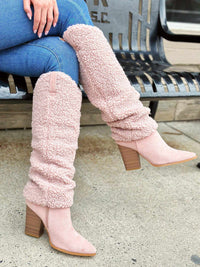 Thumbnail for Pastel pink Sherpa knee high boots with heel.